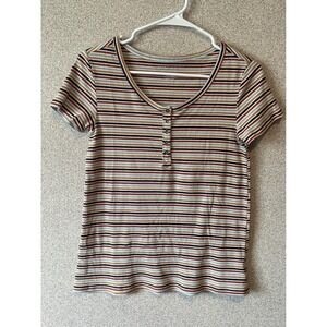 American Eagle Striped‎ Ribbed Button Henley Top Extra Small XS Casual Tee